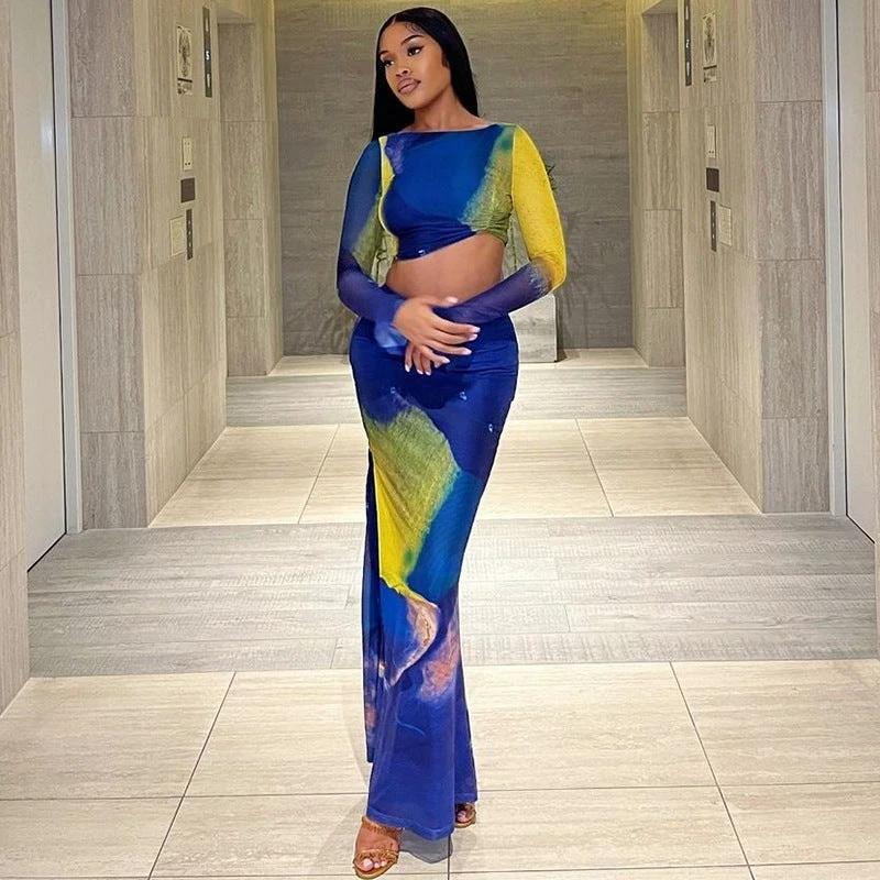 Printed Long Bell Sleeve top and long Skirt Set