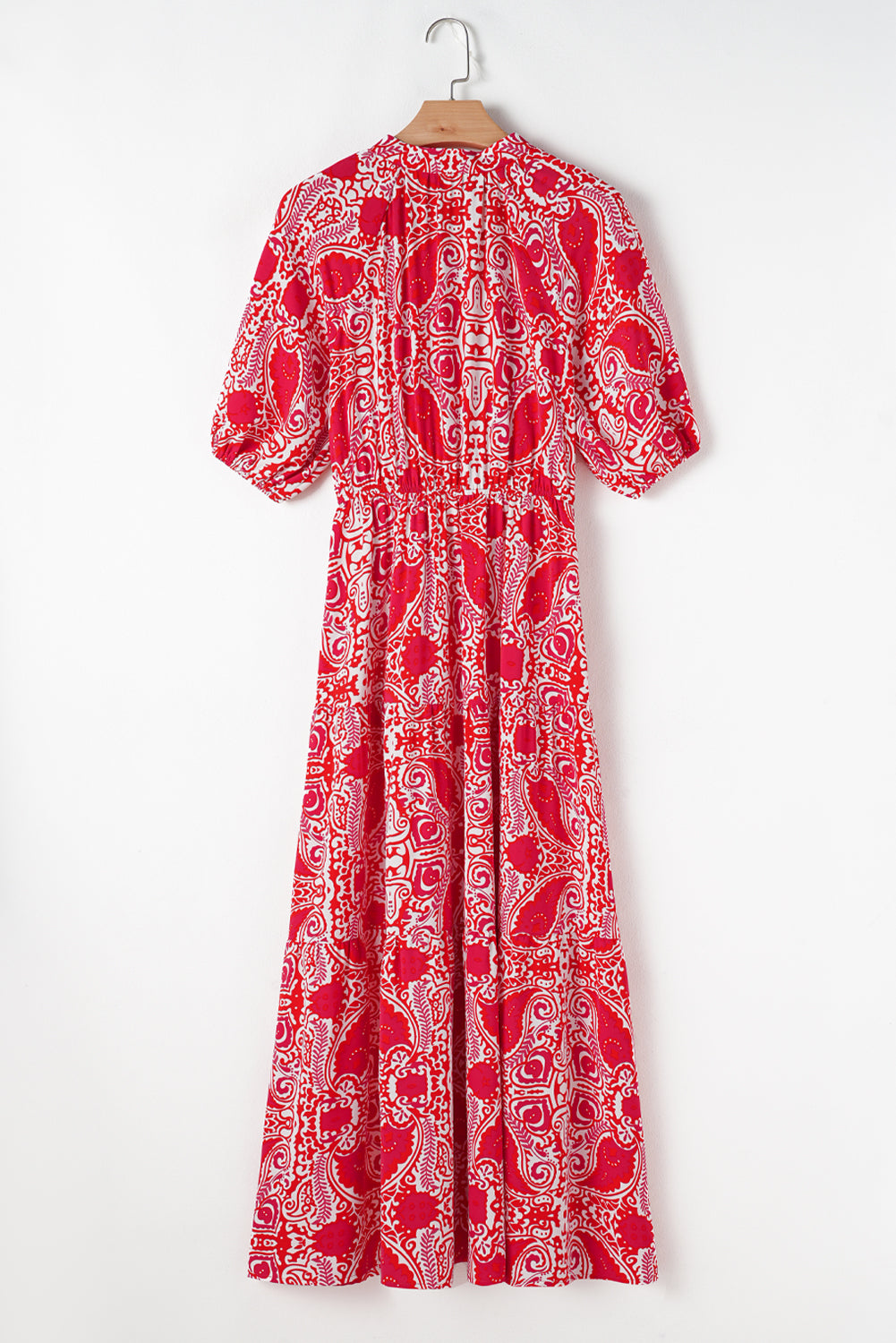 Vestido maxi con estampado de cachemir rojo, abertura lateral, manga farol y cintura alta