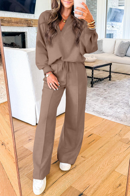 Conjunto de sudadera con cuello polo en V y pantalón de chándal con cordón, color caqui oscuro