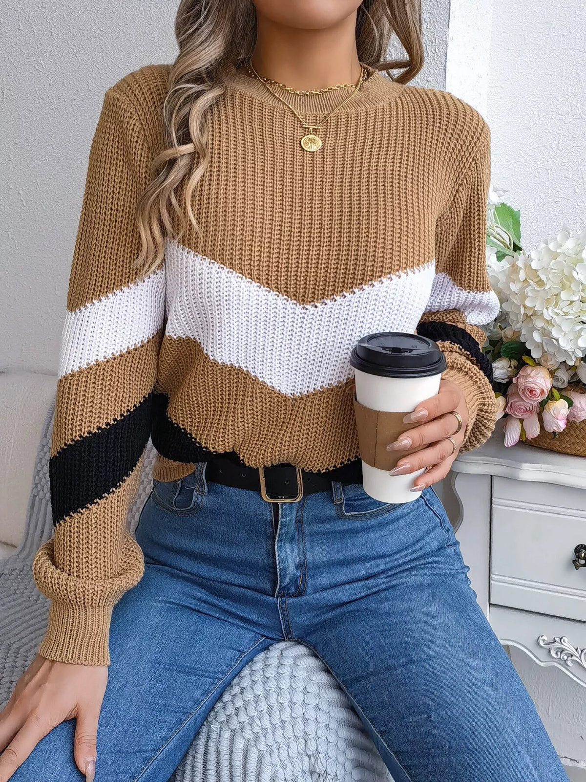 Chevron Stripe Color Block Round Neck Sweater