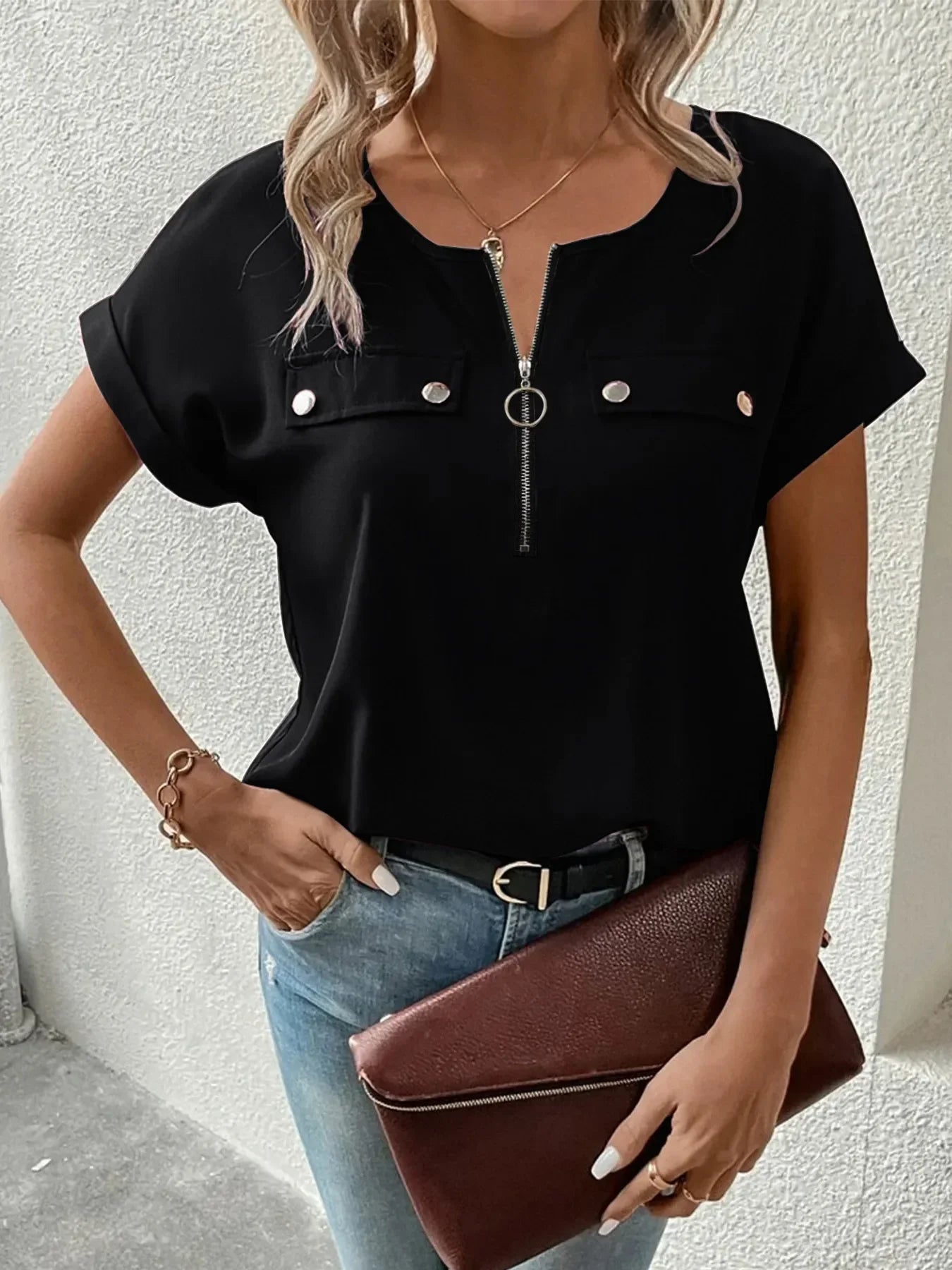 Casual Zipper Front Short Sleeve Blouse