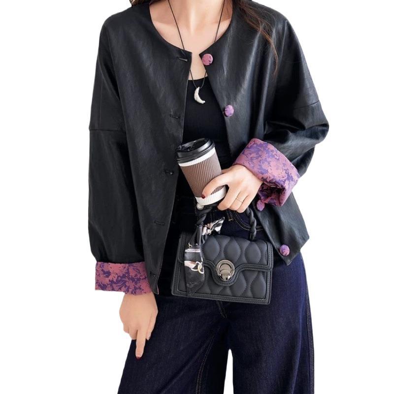 Retro Chinese-style Jacquard Patchwork Leather Jacket