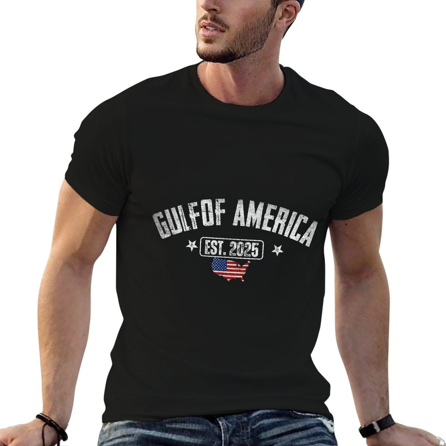 Gulf Of US America Est 2025 Vintage USA American Flag Men Oversized Silhouette T-Shirt