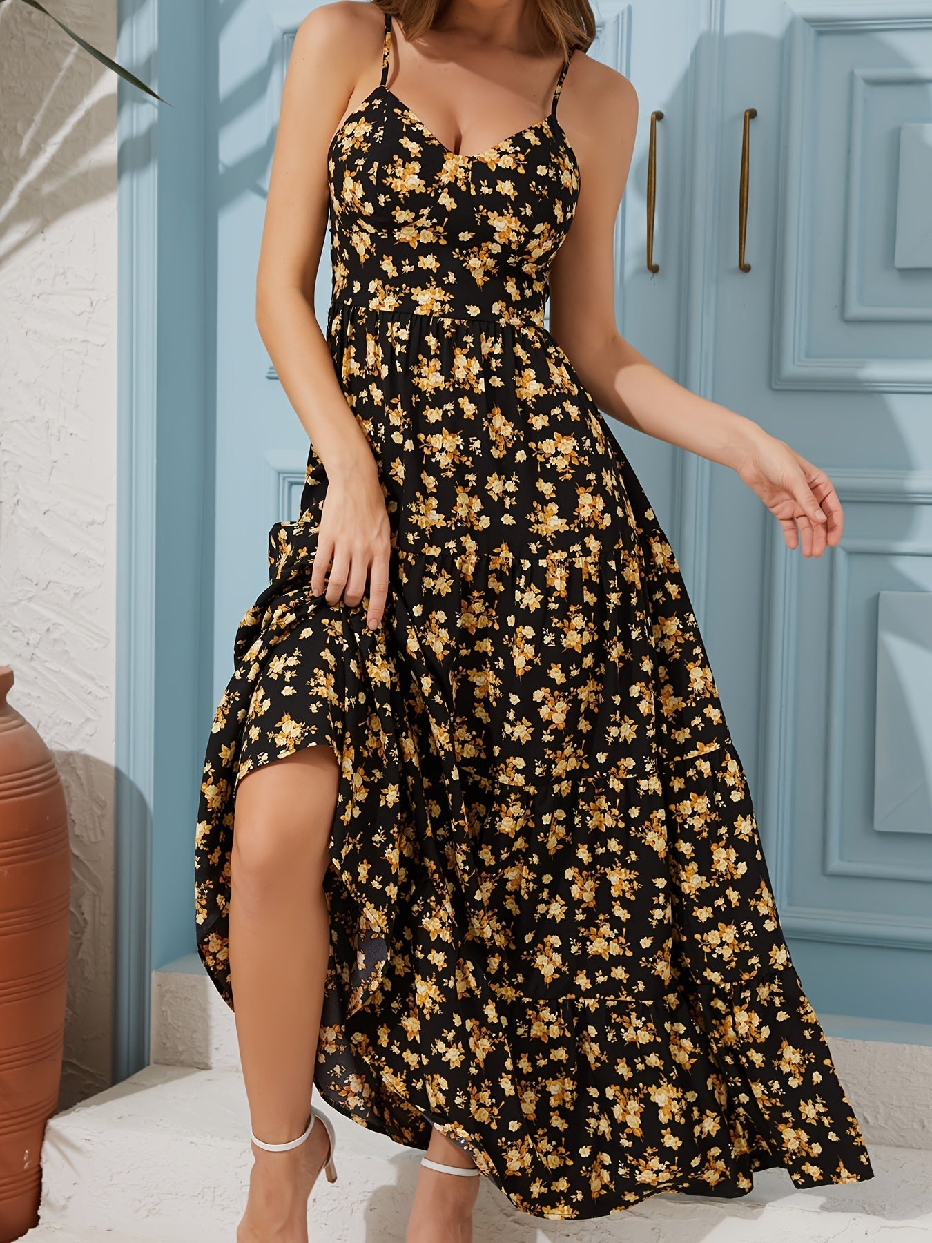 Maxivestido floral sin espalda para mujer – Vestido de tirantes con lazo y falda fluida
