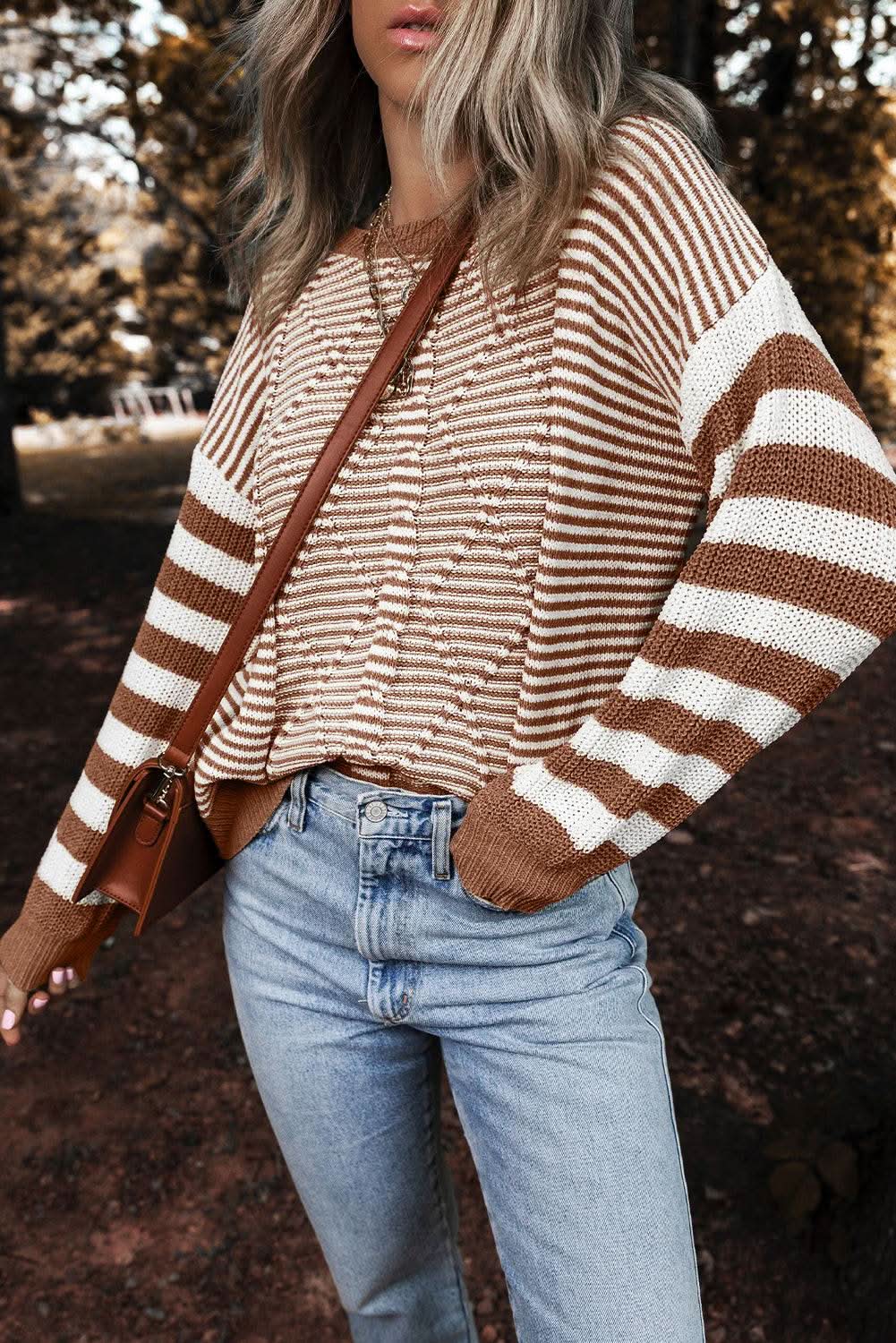 Cotton Blend Striped Sweater | Love Salve Brown