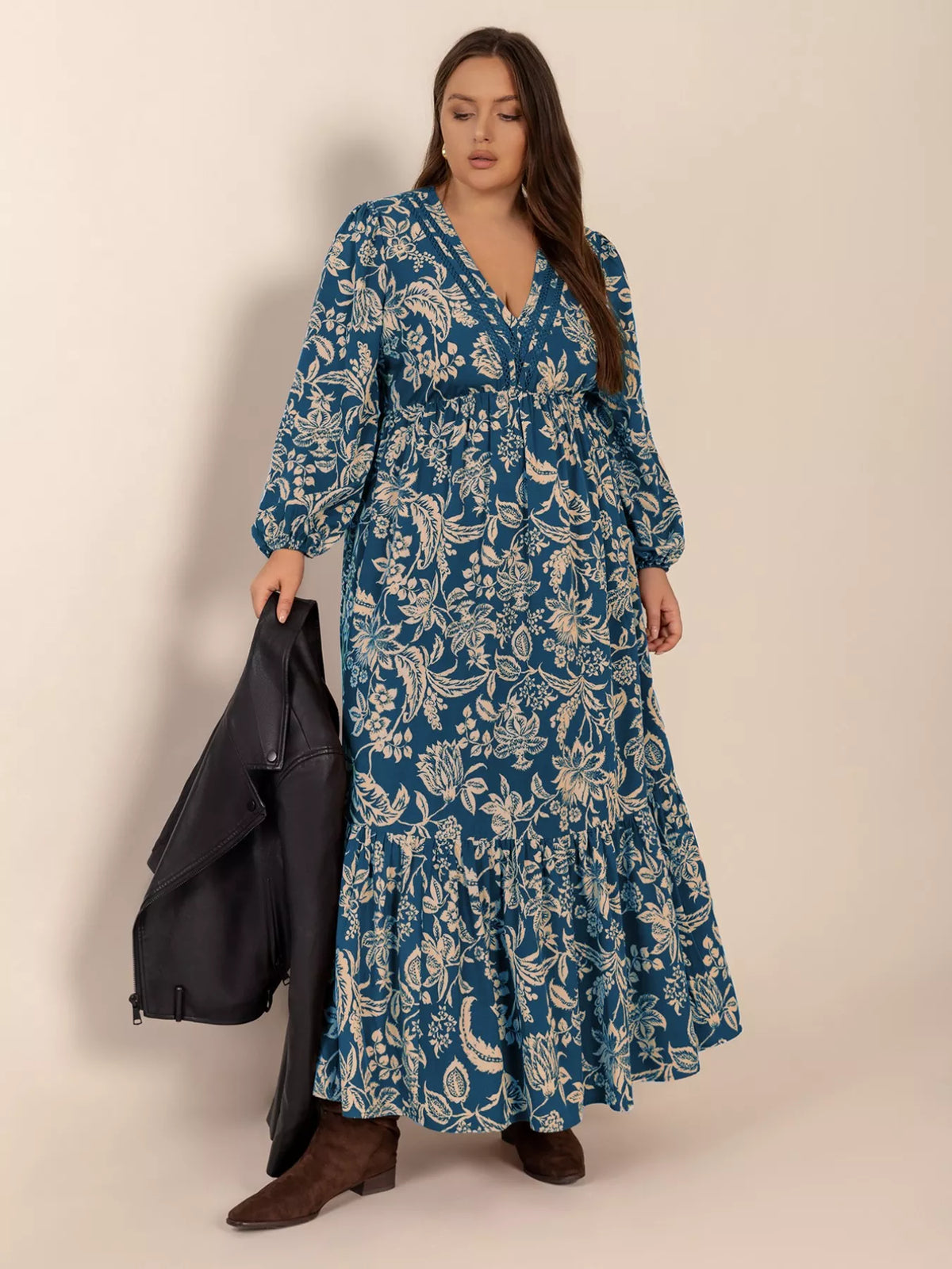 Plus Size Boho Floral Print Long Sleeve Maxi Dress
