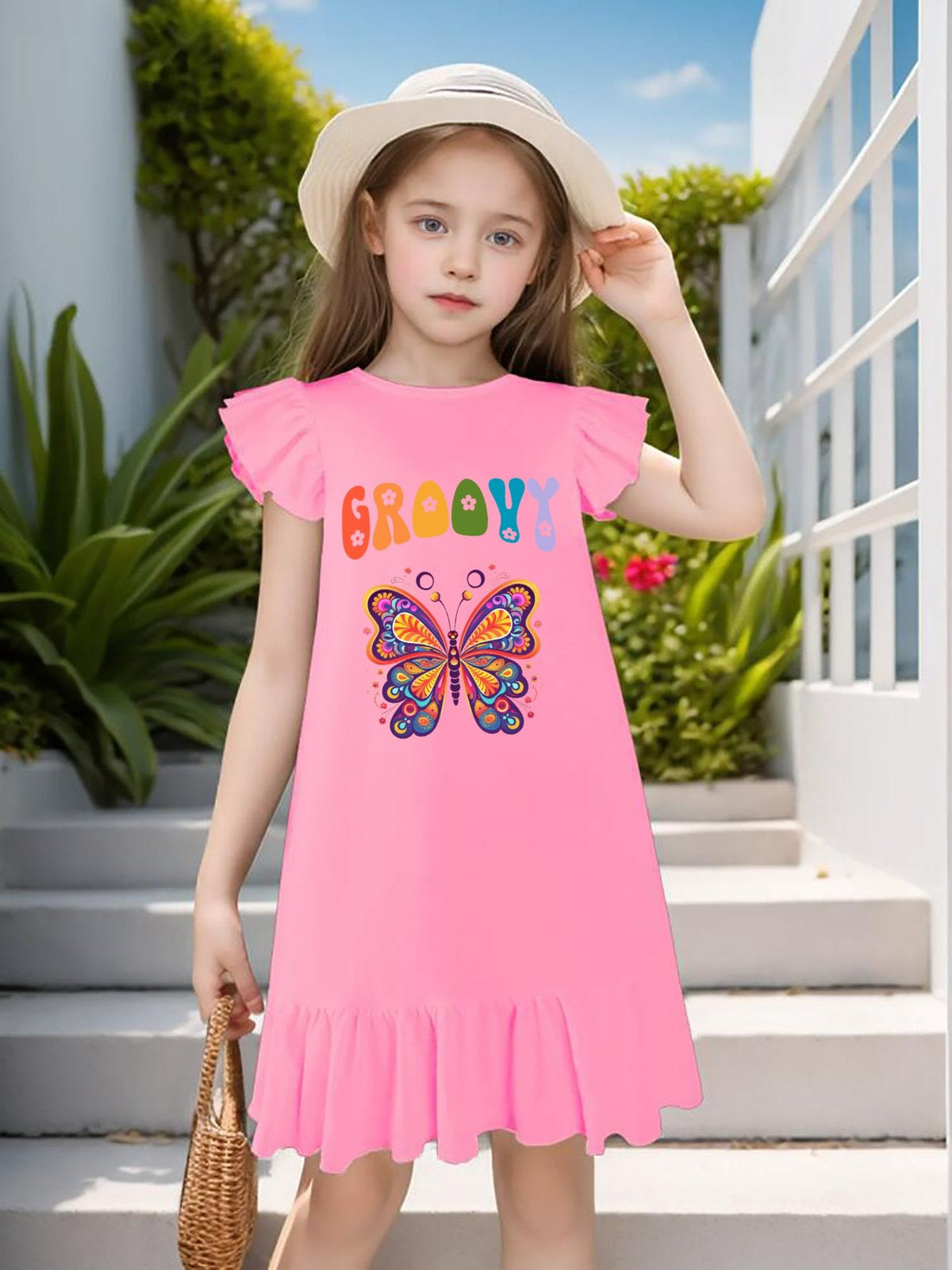 Groovy Butterfly Flutter Sleeve Dress for Girls (Front Printing)