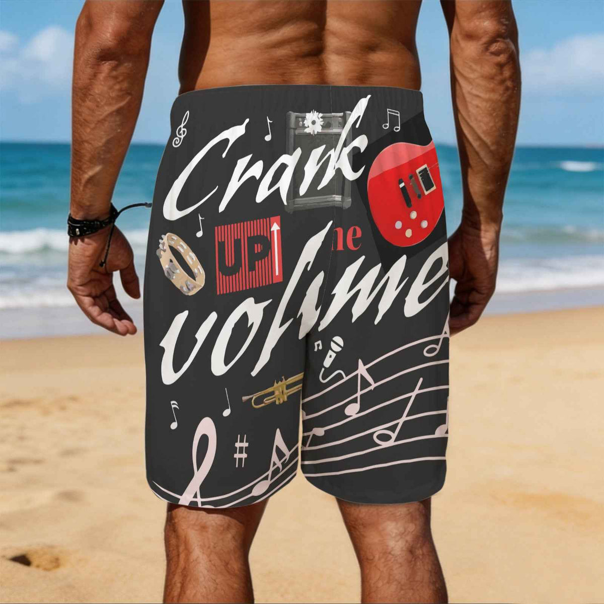 Crank Up the Volume Men's All Over Print Elastic Beach Shorts