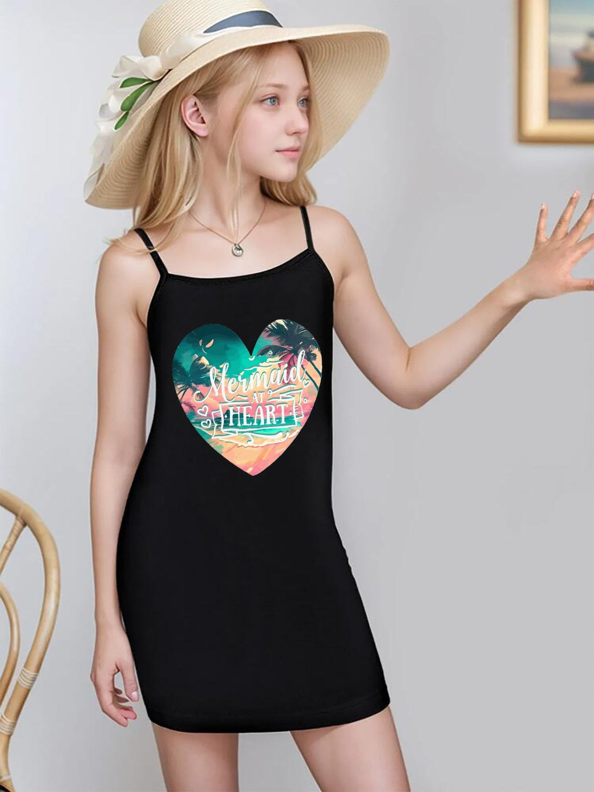 Mermaid at Heart Girls' Dress with Shoulder Straps (Front Printing)