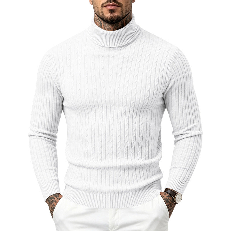 Mens Turtleneck Slim-Fit Vertical-Stripe Casual Long-Sleeve Sweater