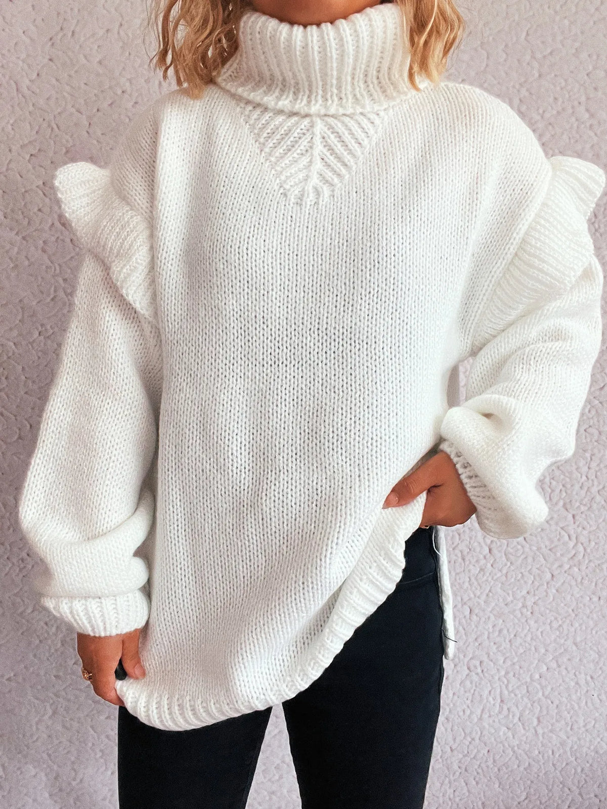 Ruffled Turtleneck Long Sleeve Sweater