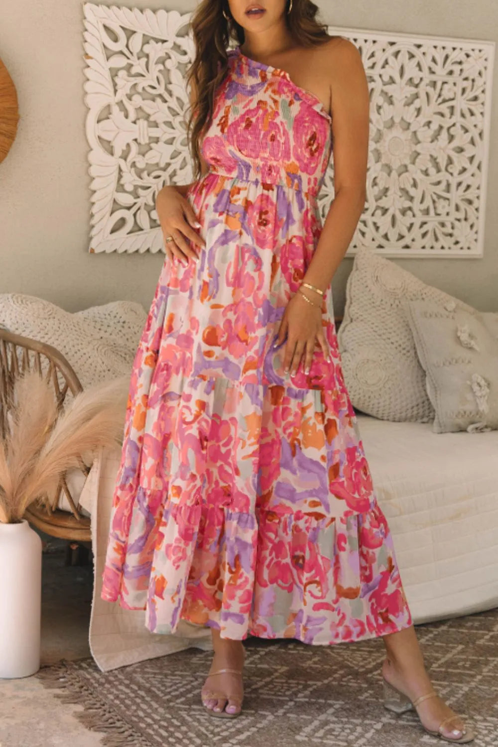 Floral Print Shirred One Shoulder Maxi Dress