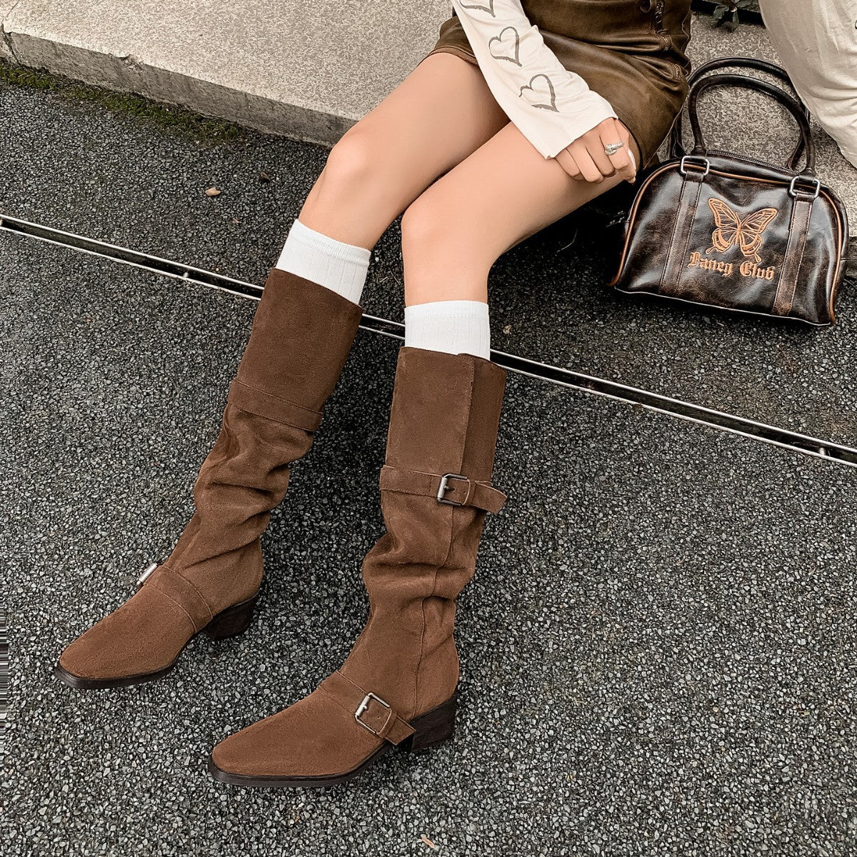 Women's Retro Cowhide Leather Belt-Clasp Chunky-Heel Western Cowboy Boots