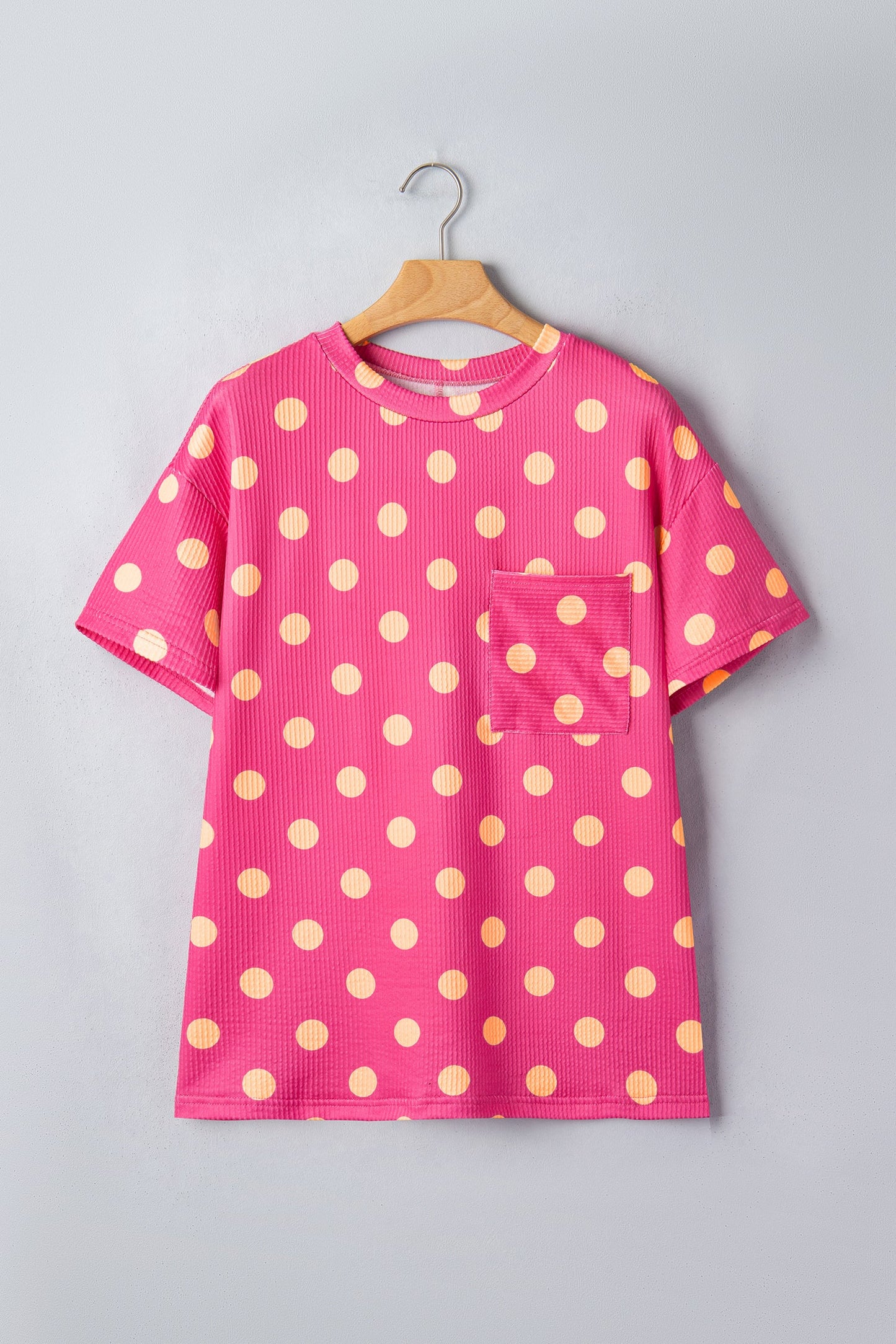 Pink Polka Dot Round Neck Drop Shoulder Patch Pocket Jacquard Texture Top