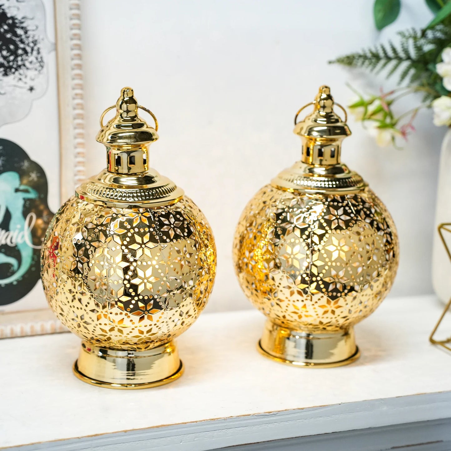 Metal Ramadan Lanterns 10" Gold Electric Candle Holders