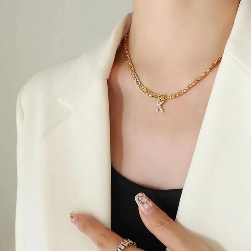 T-Shirts Trendsi Necklaces - Brass zircon letter pendant necklace