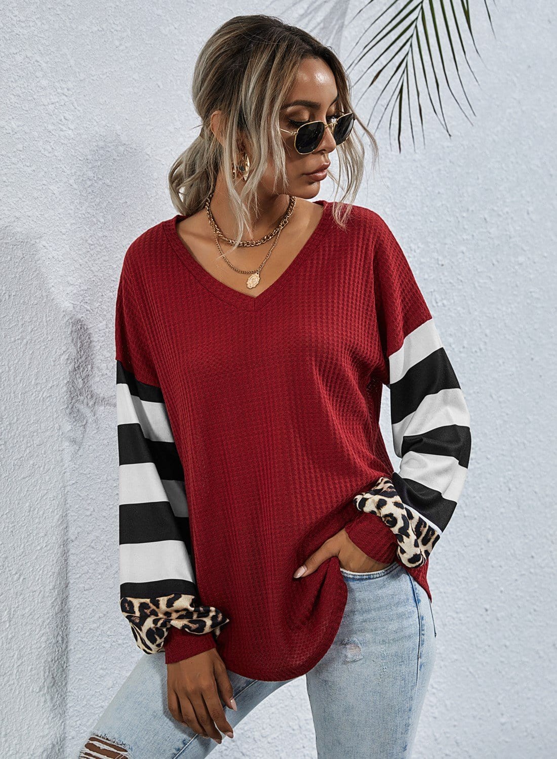 Suéter a contraste con estampado de rayas y leopardo