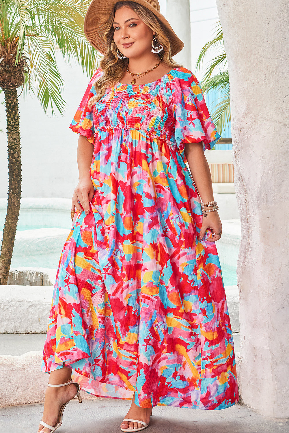 Vestido de Talla Grande con Estampado Floral Abstracto, Mangas Abullonadas, Escote Cuadrado, Busto Fruncido y Espalda Atada