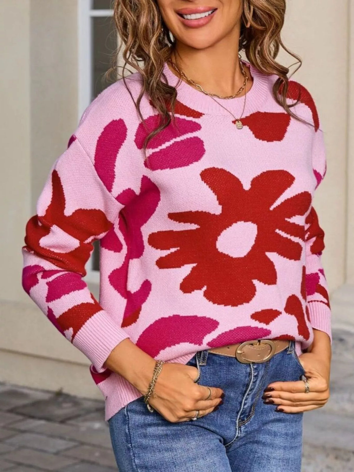 Floral Crew Neck Long Sleeve Sweater
