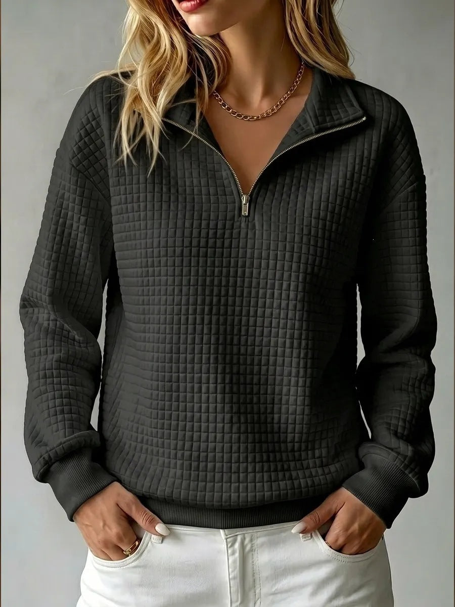 Loose-fit Waffle-knit Stand-collar Zip-up Long-sleeve Womens Sweatshirt