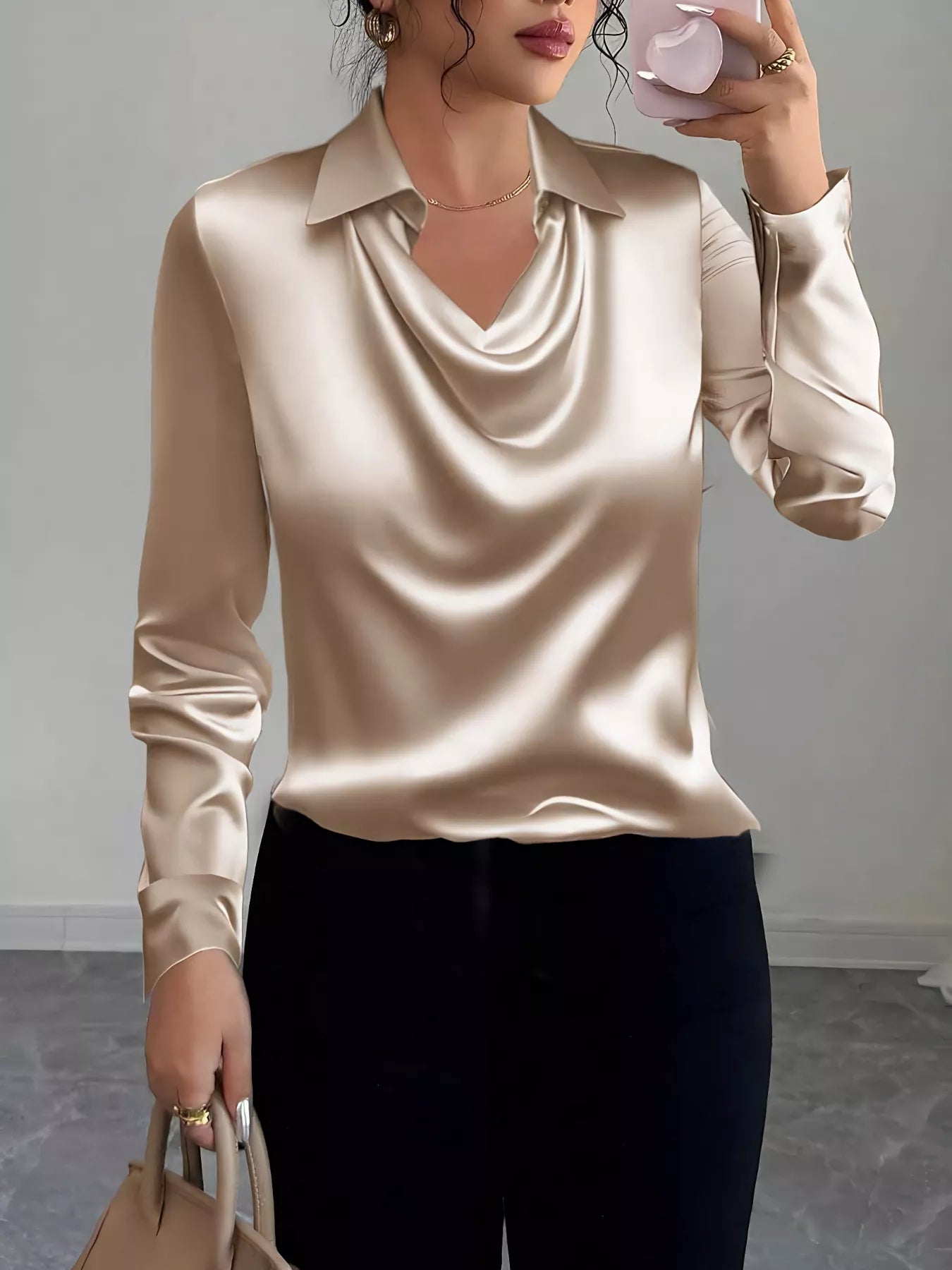 Satin Collared Neck Long Sleeve Blouse See size chart under “more details”