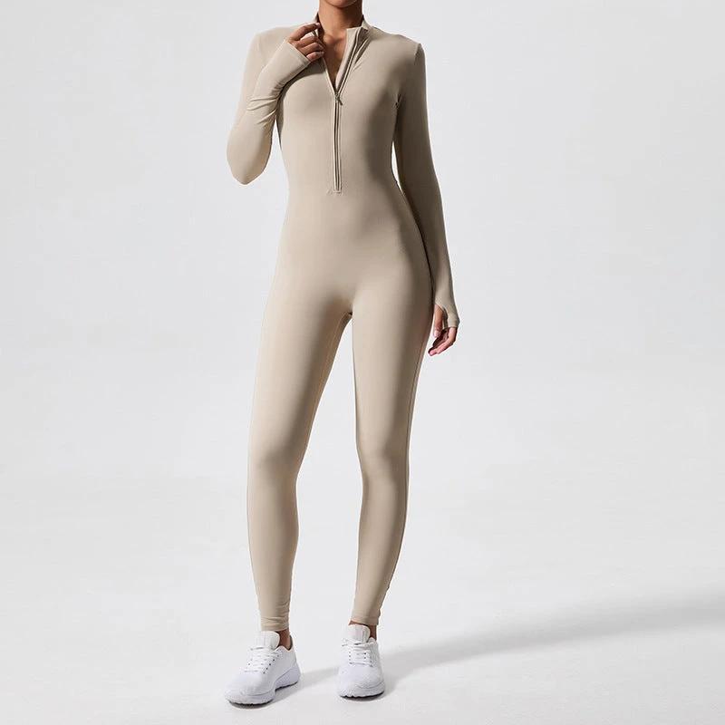 Long Sleeve Outdoor Sports Jumpsuit Workout Clothes Zipper Training Skinny Hip Raise Yoga Clothes