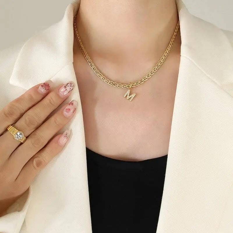 T-Shirts Trendsi Necklaces - Brass zircon letter pendant necklace