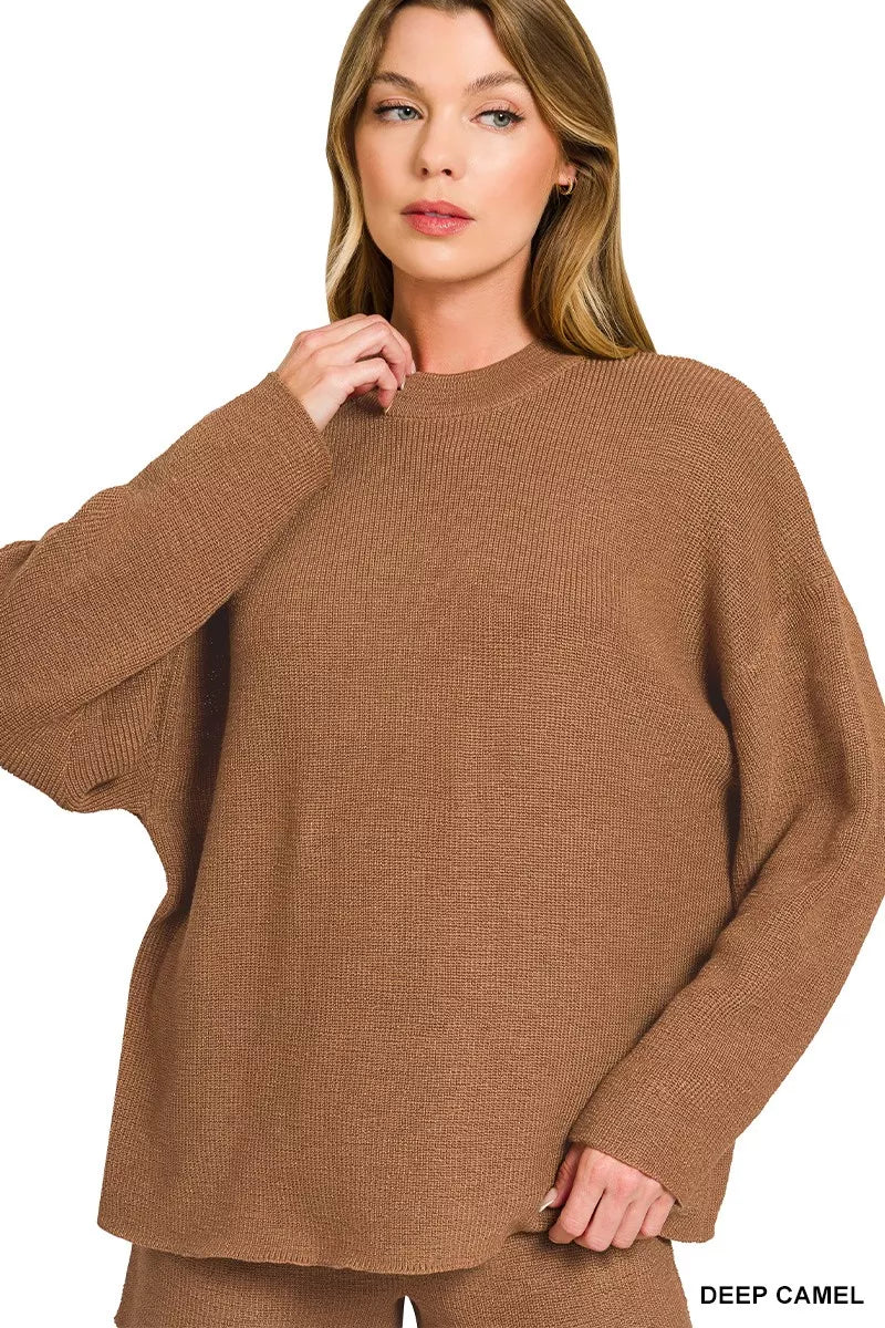 Zenana Round Neck Knit Top and Shorts Sweater Set in Camel