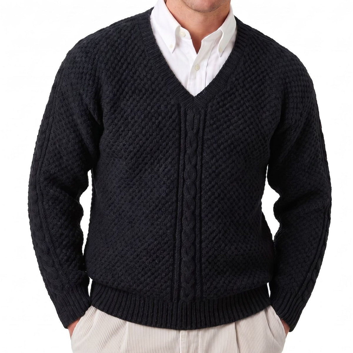 Mens V-neck Cable-Knit Solid-Color Sweater