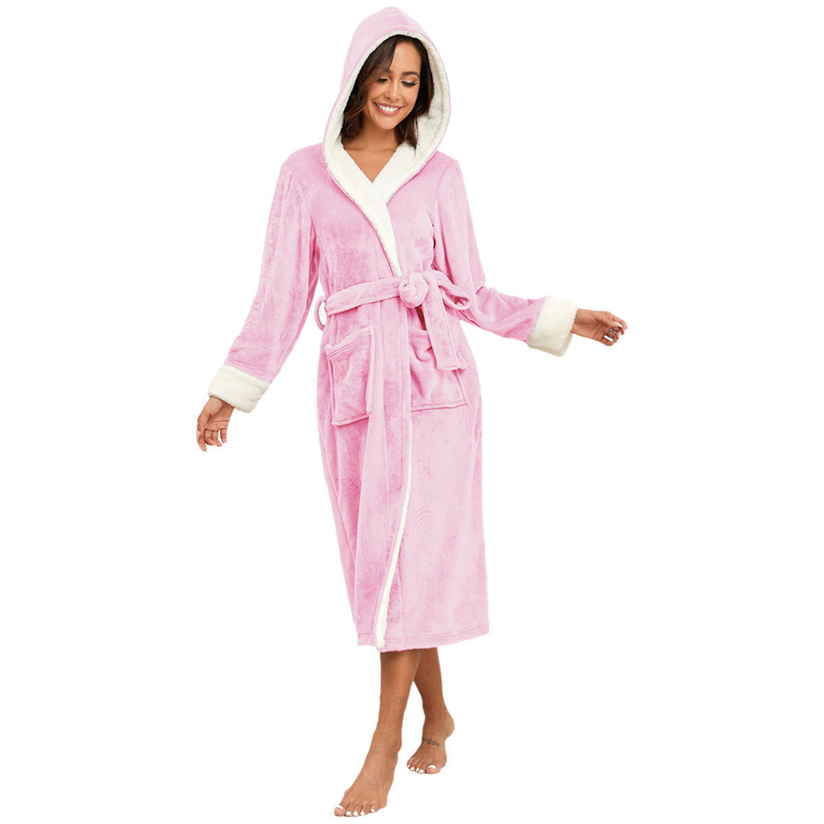 Women's Pink Long Fleece Bathrobe with Hood