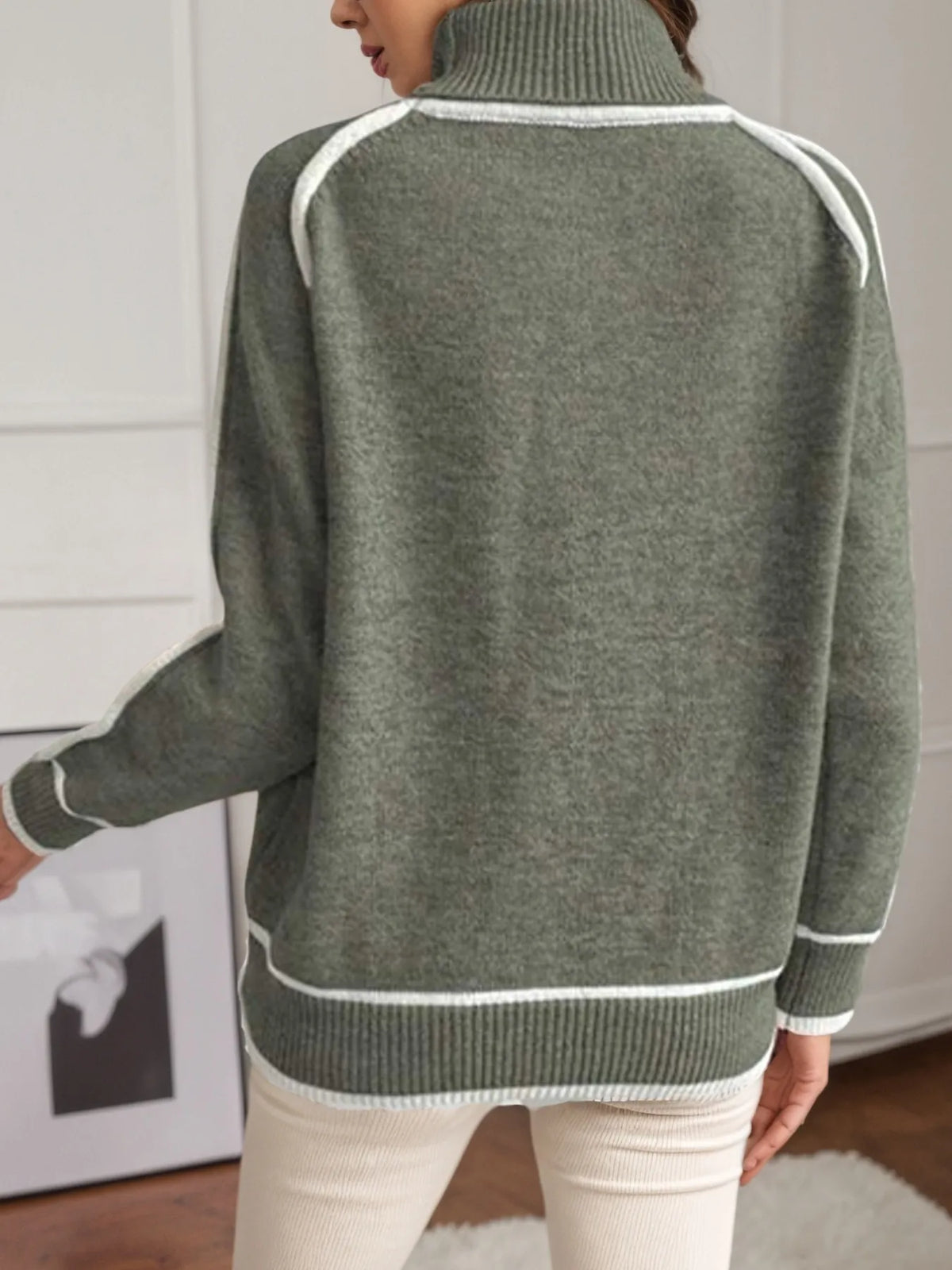 Turtleneck Contrast Trim Sweater with Ribbed Details