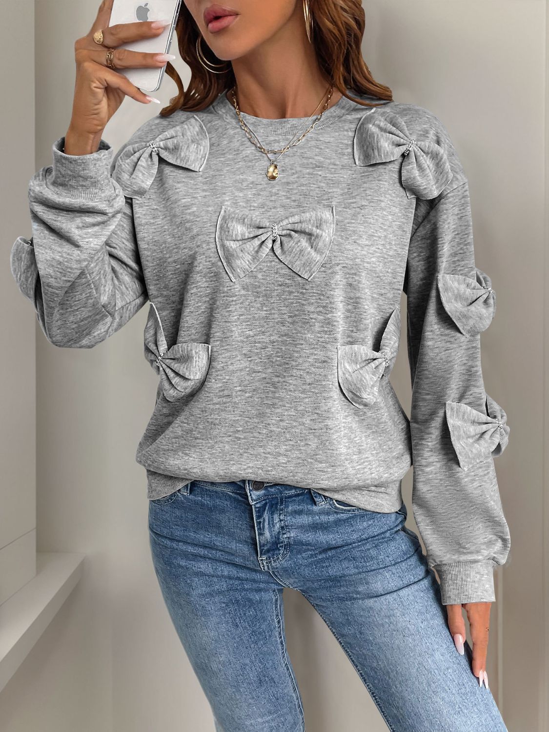 Sudadera Perfee de cuello redondo con lazo y manga larga