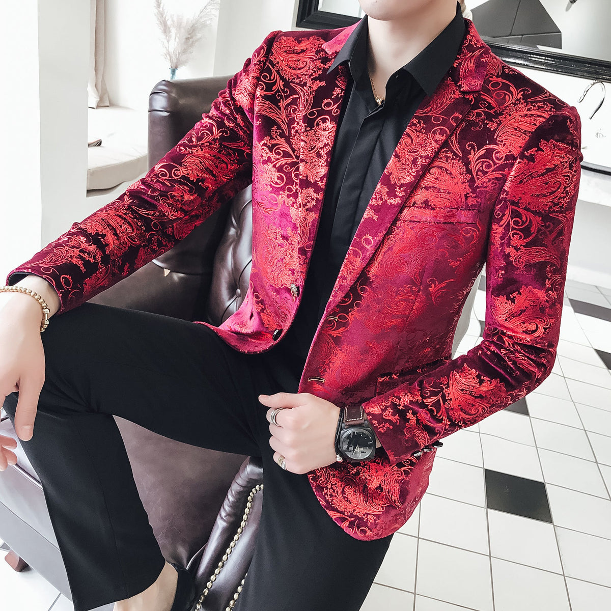 Colorblock Plus Size Suit Men's Silky Blazer Youth Jacket