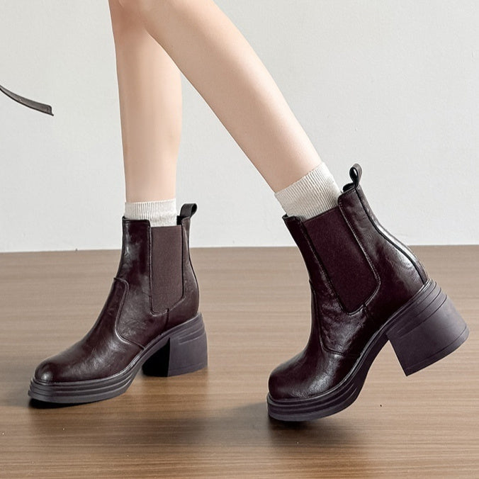 Retro Chunky-sole High-heeled Ankle Boots For Petite Women
