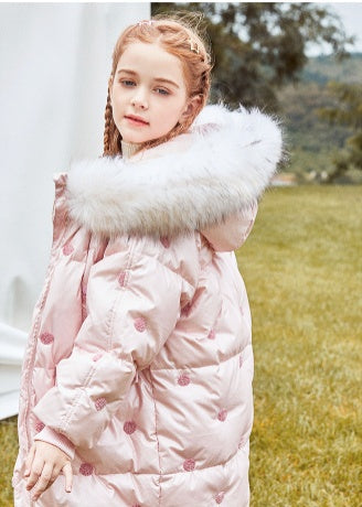 Children's Thickened Korean Large Fur Collar Medium Length Down Jacket