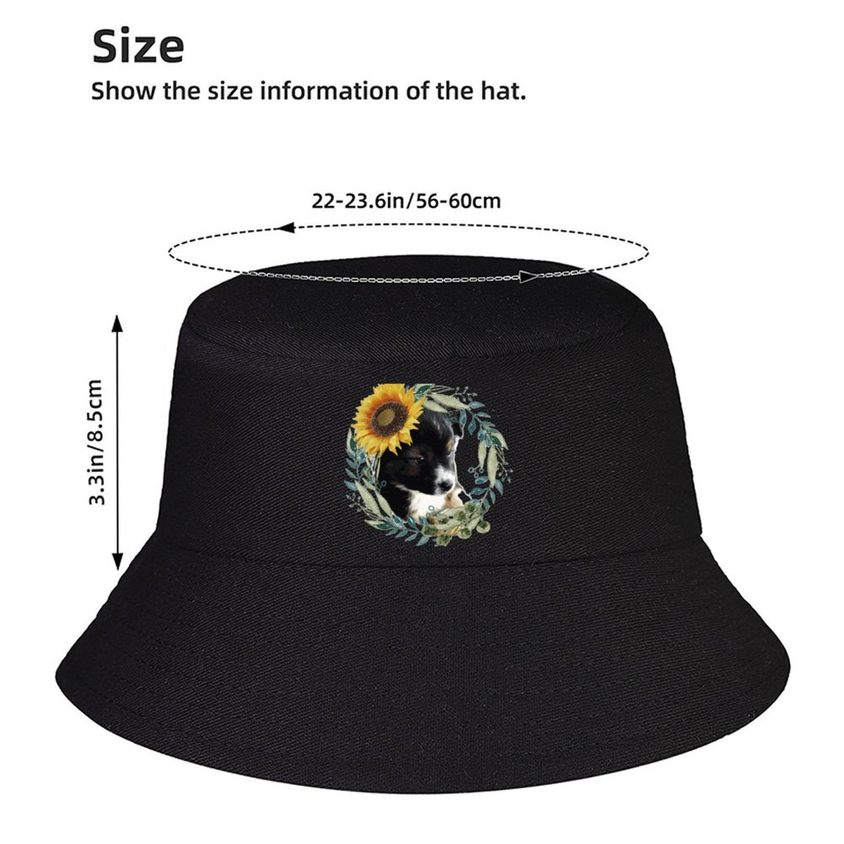 Black Bucket Hat with Cute Puppy for Women & Men (Front Printing)