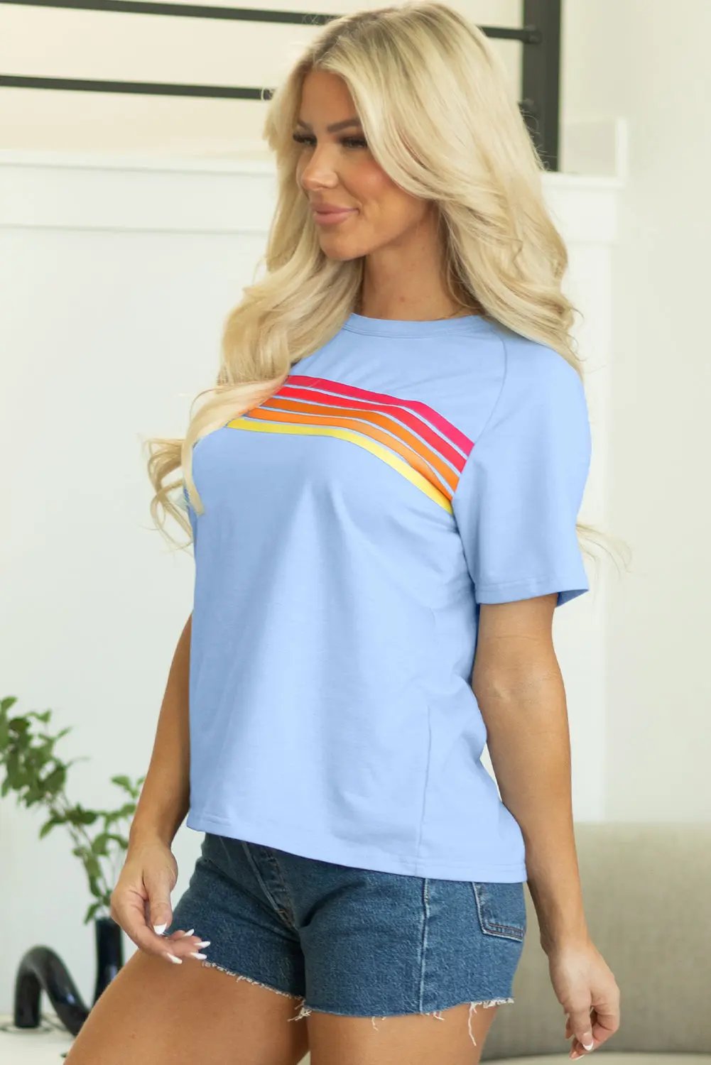Women's Striped Top Women's Top - Striped Blue Patch Detail - Everyday Casual