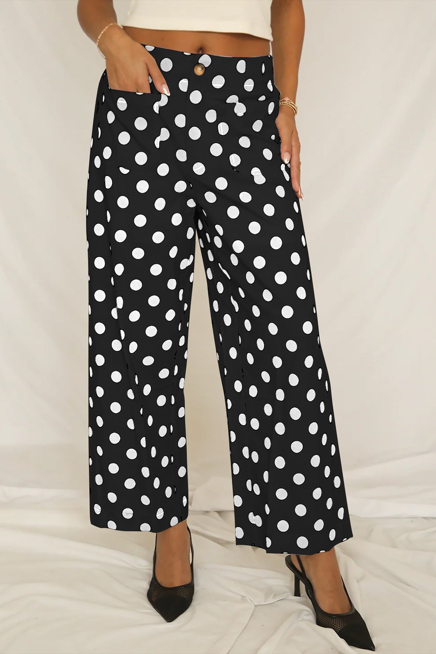 Pantalones Anchos con Bolsillos de Lunares Blancos