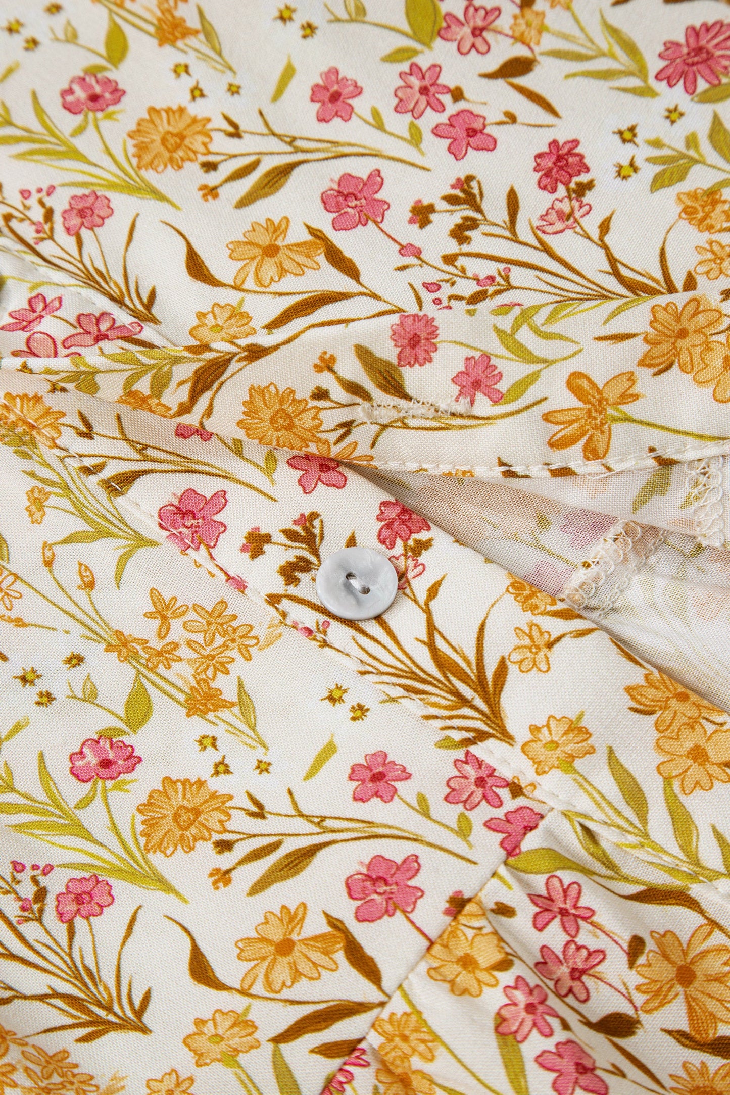Vestido Camisero Holgado de Manga Larga con Estampado Floral Amarillo, Ribetes Volantes y Puños Fruncidos