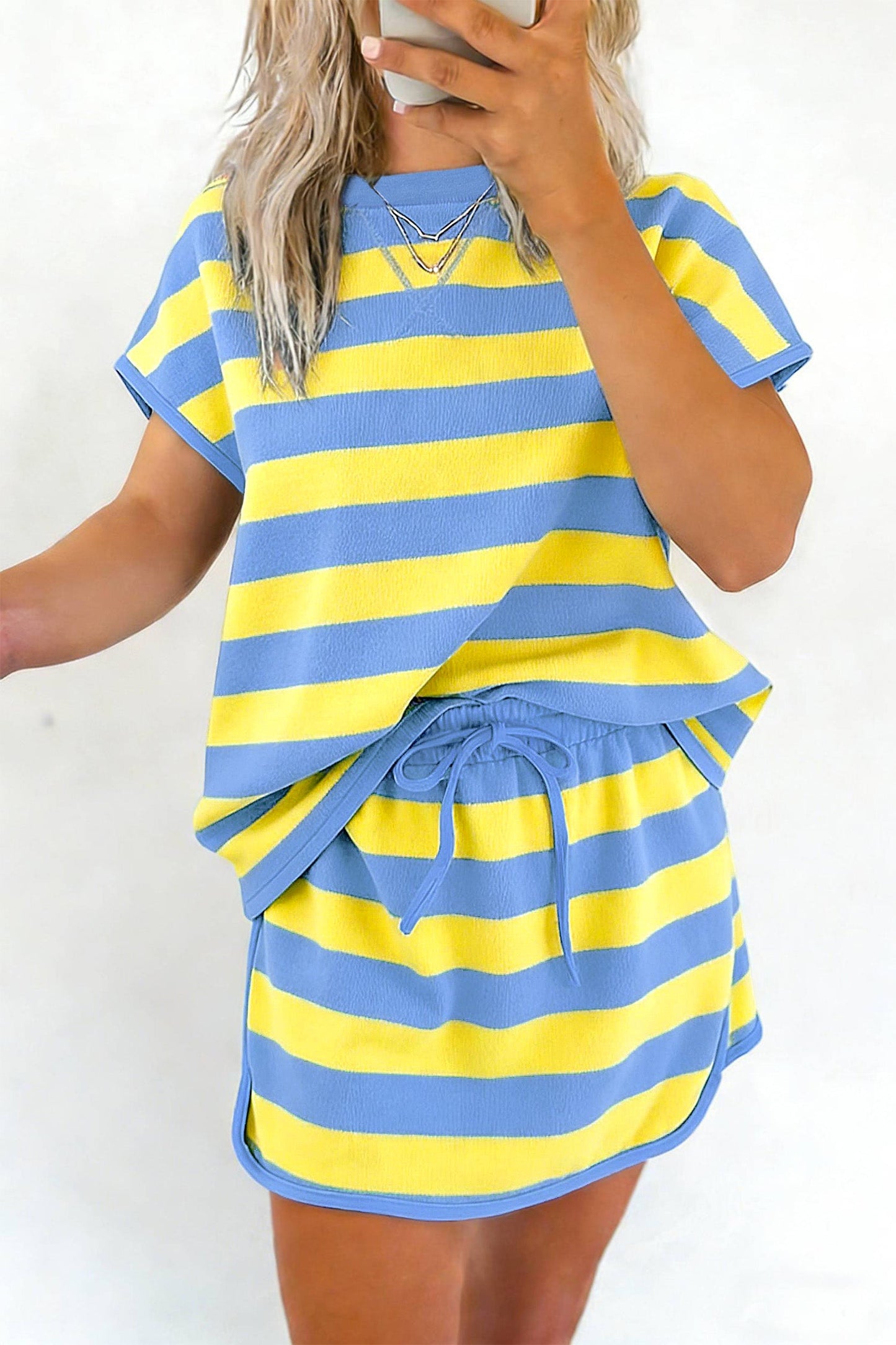 Yellow Stripe Dolman Tee Drawstring Skort Athletic 2pcs Set