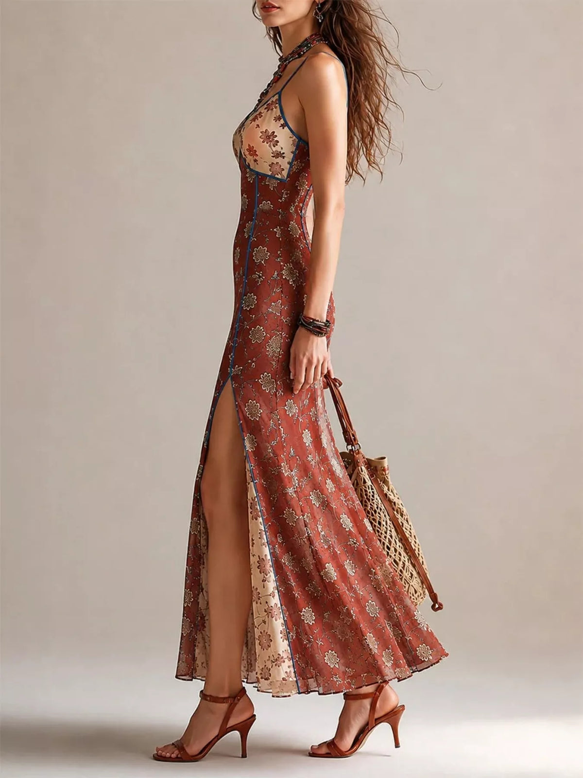 Floral Print Spaghetti Strap Maxi Dress with High Slit