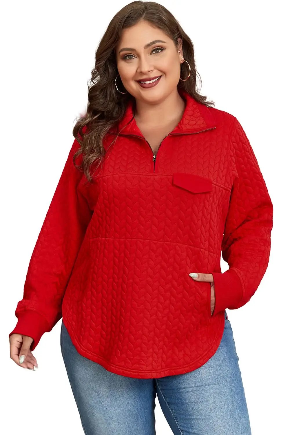 Love Salve Women's Plus Size Cable Knit Pullover — Quarter Zip Sweater