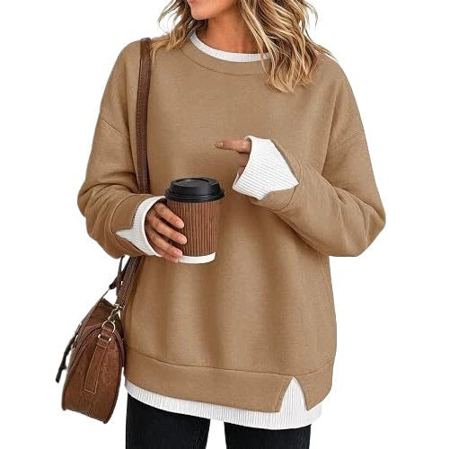 2026 Autumn New European And American Cross-Border Women's Top, Fashionable And Versatile, Loose Casual Style, Faux Two-Piece Long-Sleeve Sweatshirt