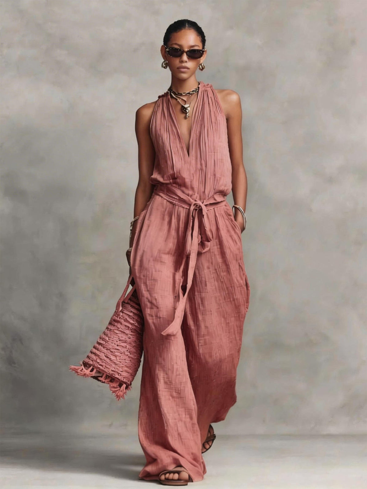 Women's Casual Belted Sleeveless Cotton-blend Jumpsuit