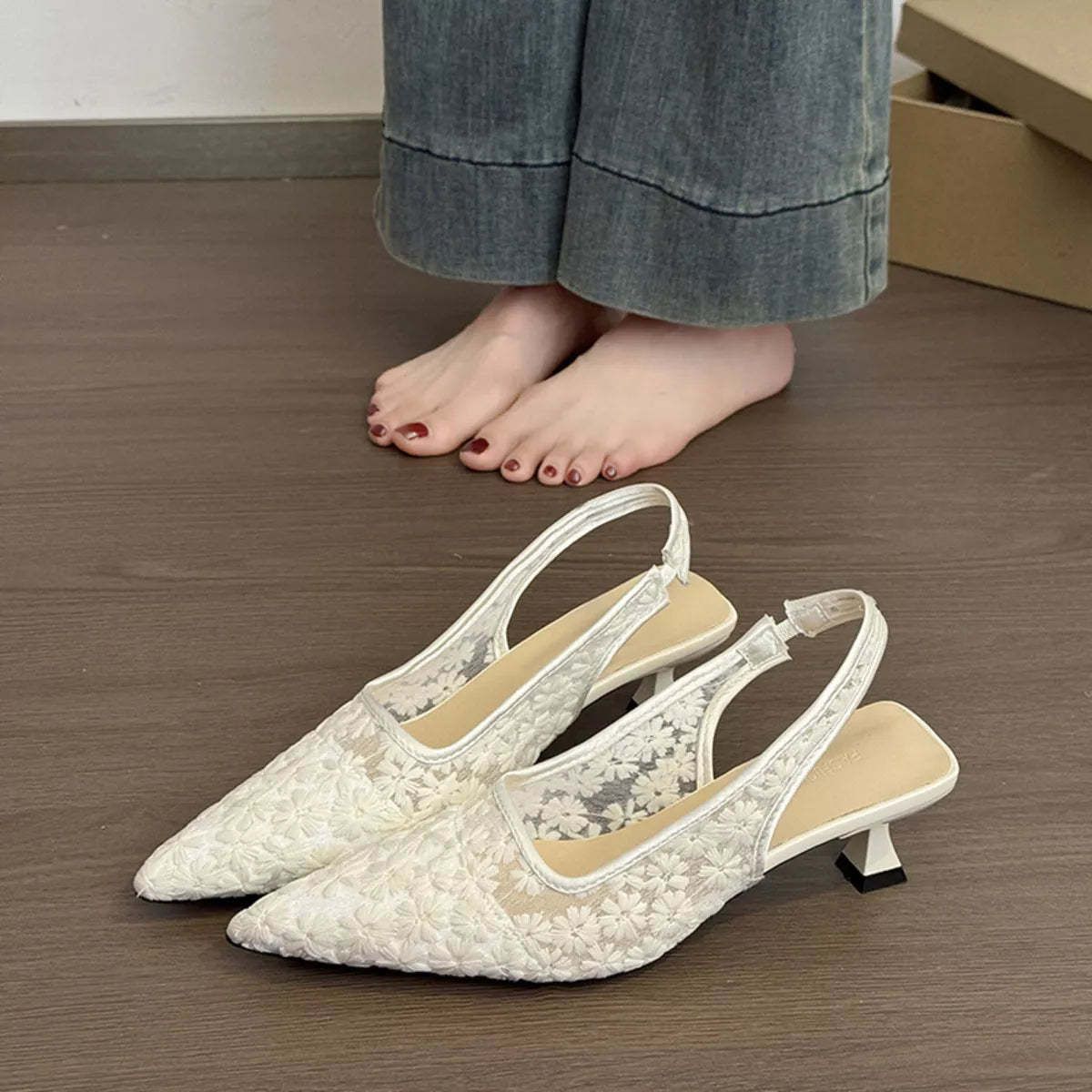 Lace Pointed-Toe Slingback Pumps