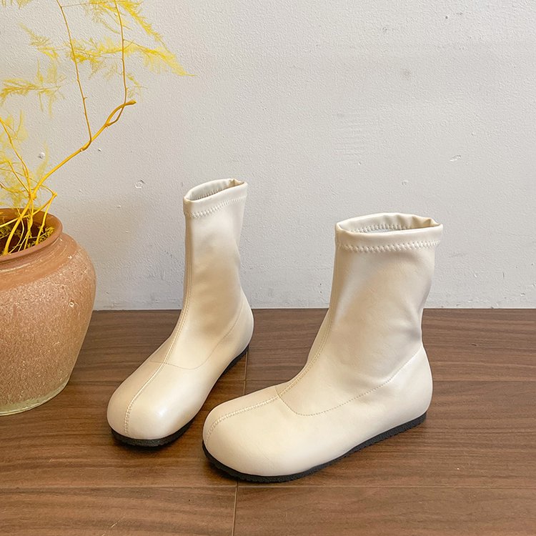 Women's Off White French Style Ankle Boots Chunky Head Martin Boots Brown Slim Fit Short Boots