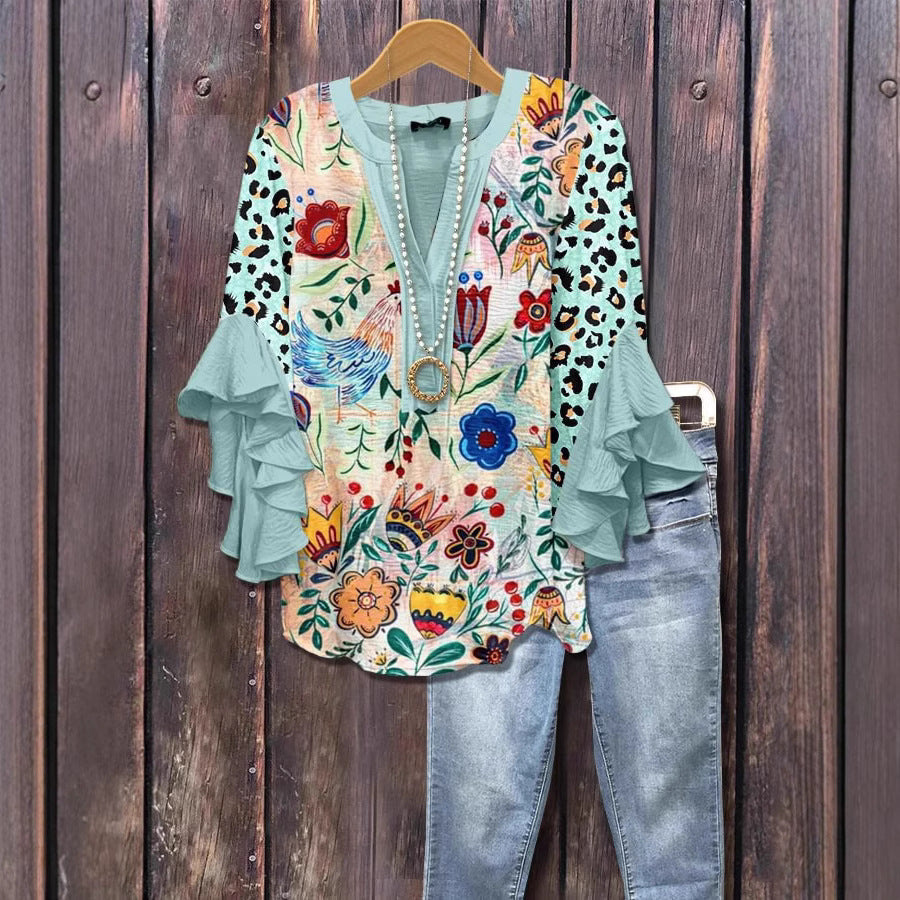 V-neck Fashion Lotus Edge T-shirt Women's Top