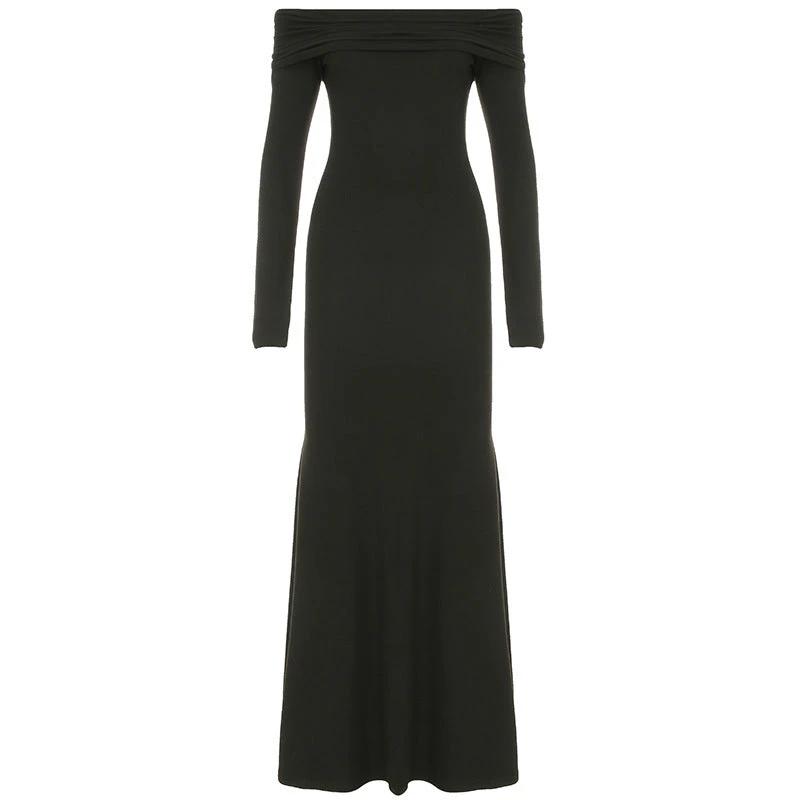 Black Off-shoulder Long Sleeve Sheath Fishtail Dress
