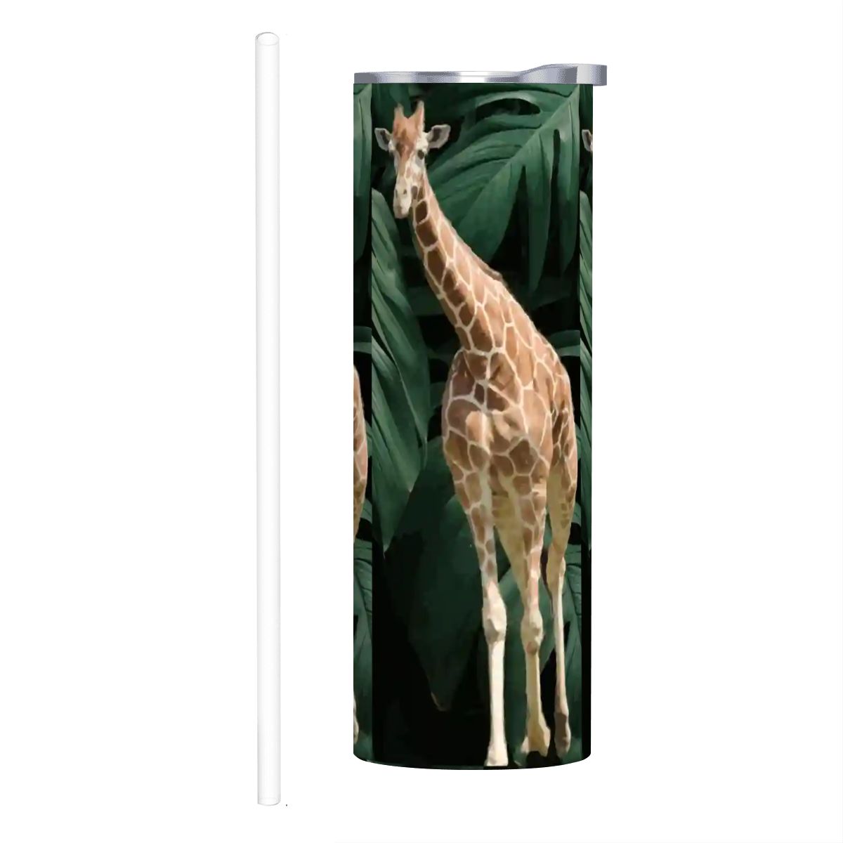 Tall Giraffe with Greenery 20oz Straight Stainless Steel Tumbler with Straw (Made in USA)
