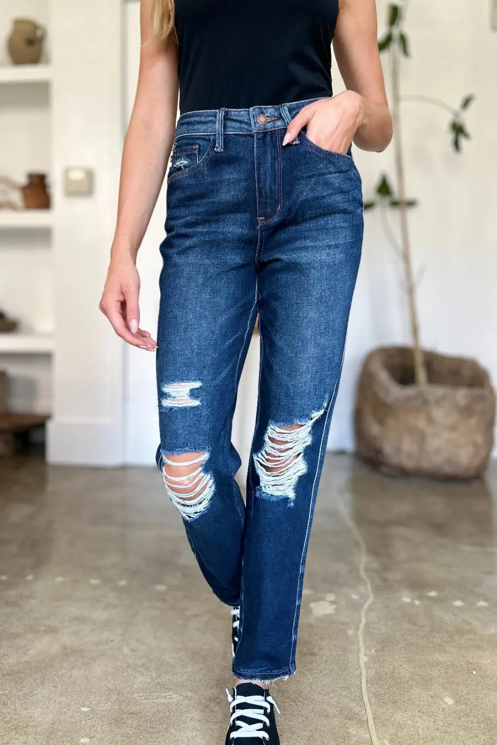 Trendsi High Waist Stretch Denim Vest - Dark Wash